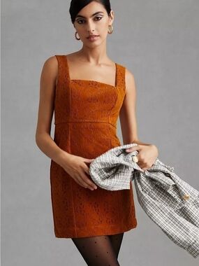 Maeve Anthropologie Faux Suede Shift Mini Dress Laser Cut Square Neck Copper 10P